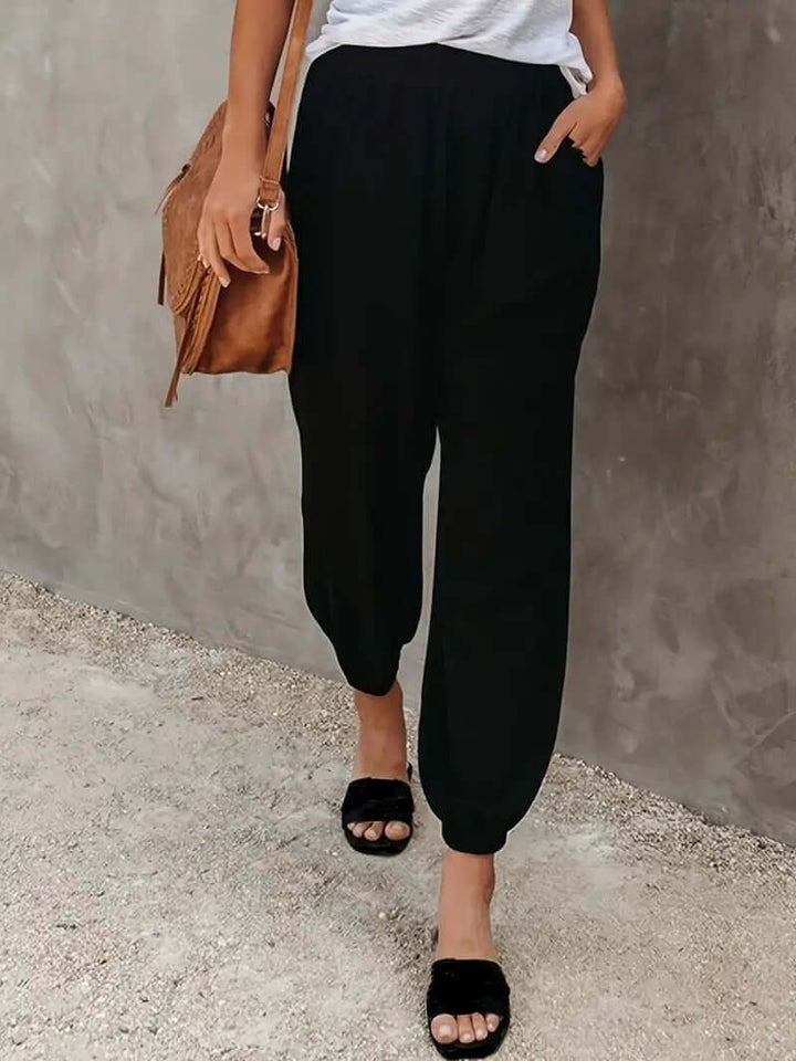 Casual women's relaxed fit pants, eco-friendly hemp blend, features a comfy elastic waistband.