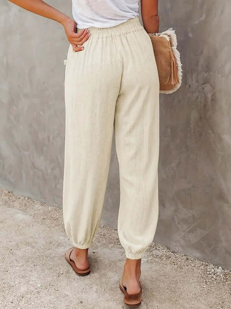 Breathable women's hemp blend pull-on pants, relaxed fit with elastic waist, great for warm weather.