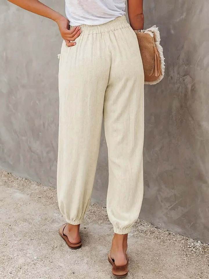Breathable women's hemp blend pull-on pants, relaxed fit with elastic waist, great for warm weather.