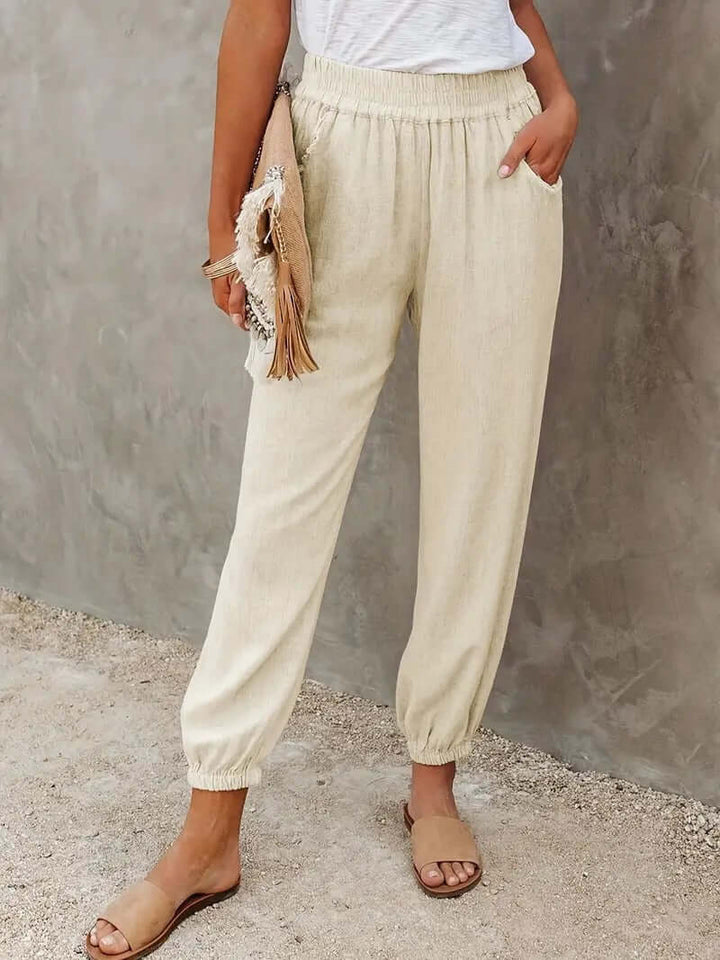 Women's comfortable spring/summer pants, relaxed fit, hemp blend fabric, easy pull-on elastic waist.