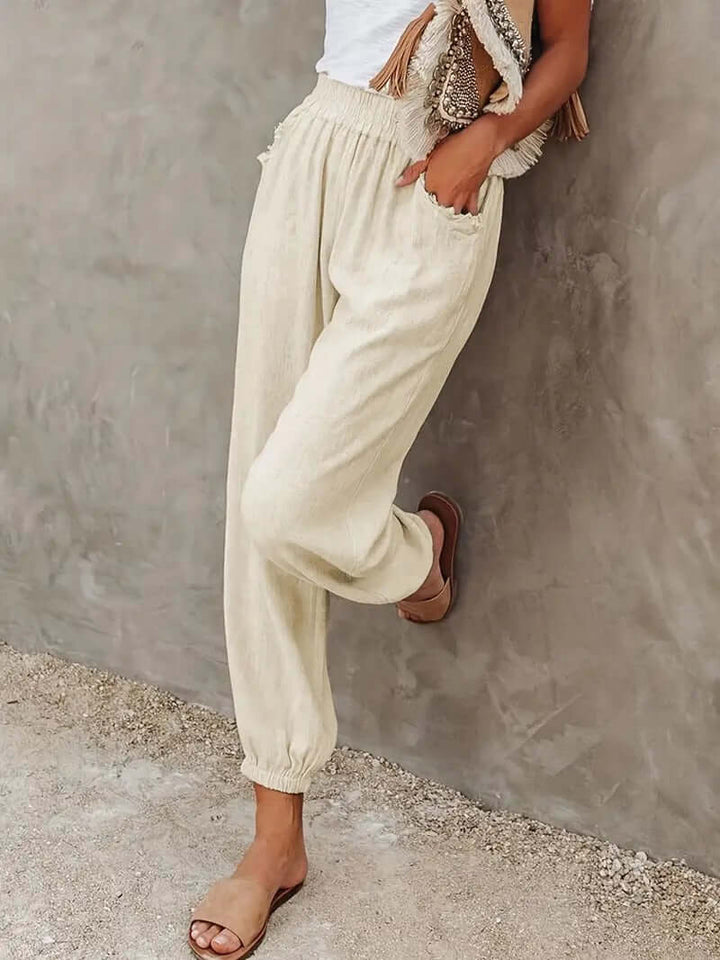 Versatile women's relaxed fit pants, hemp blend, elastic waist for casual comfort & loungewear.