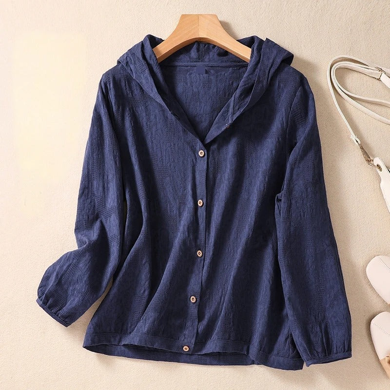 Comfortable women's pullover hooded shirt with a relaxed fit, a versatile fashion top for casual days.