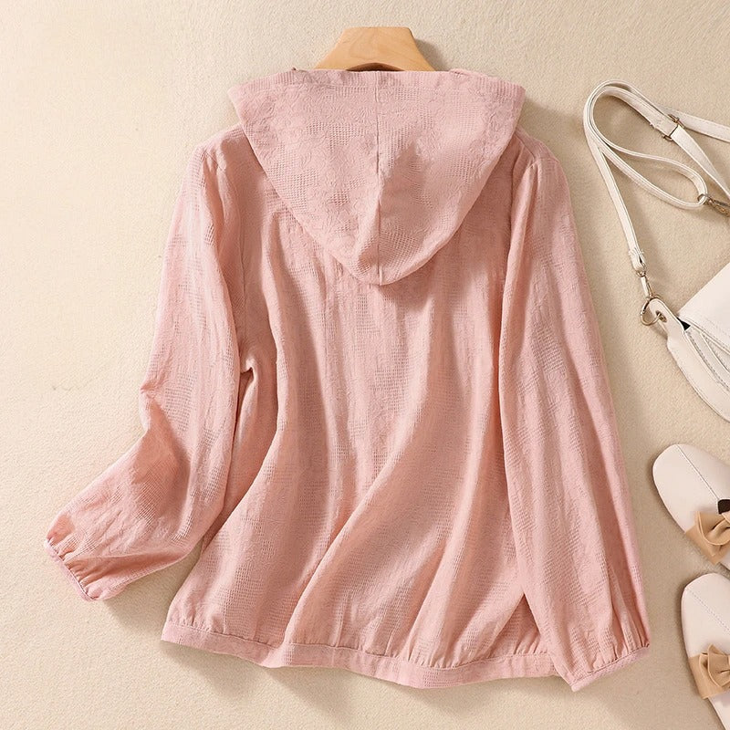 Casual elegant women's long sleeve hooded shirt, offering a relaxed fit for comfortable, stylish wear.