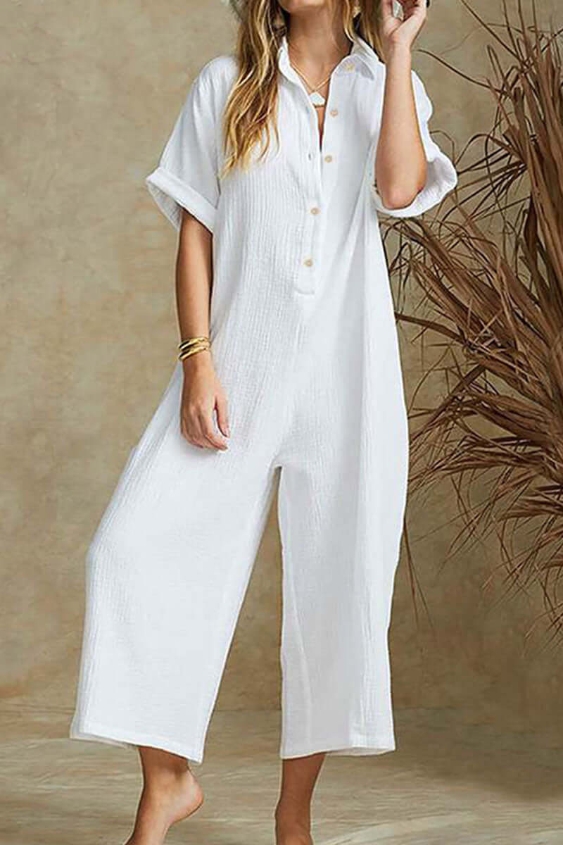 Women's relaxed fit jumpsuit with notch collar, full-length. Made from comfortable, eco-friendly bamboo hemp.