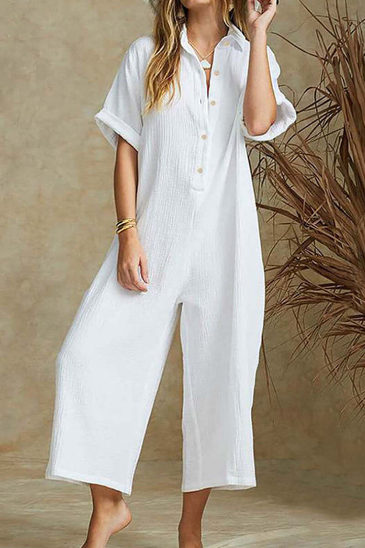 Women's relaxed fit jumpsuit with notch collar, full-length. Made from comfortable, eco-friendly bamboo hemp.