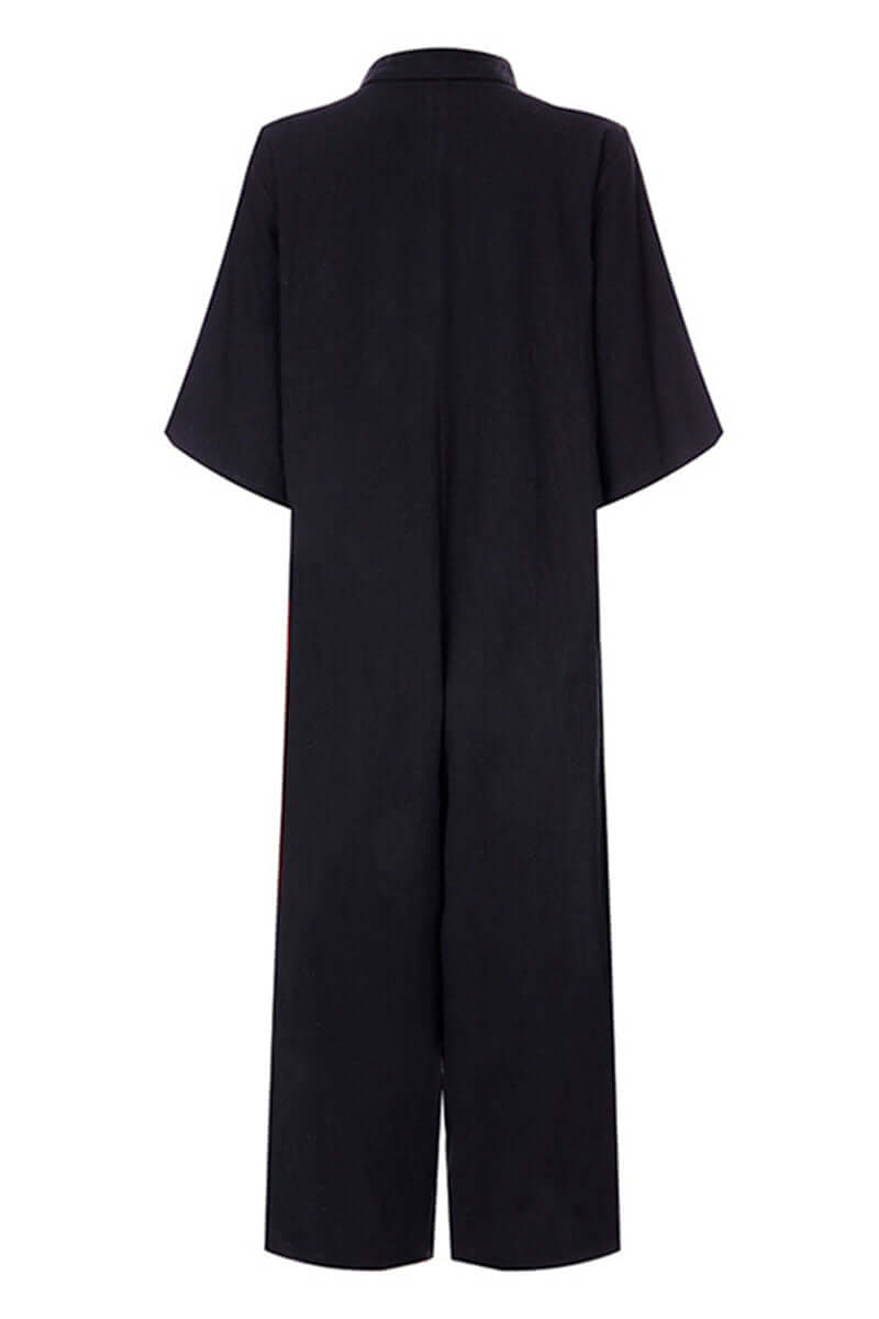 Fashionable women's relaxed fit jumpsuit with notch collar. Full-length, eco-friendly bamboo hemp for ultimate comfort.