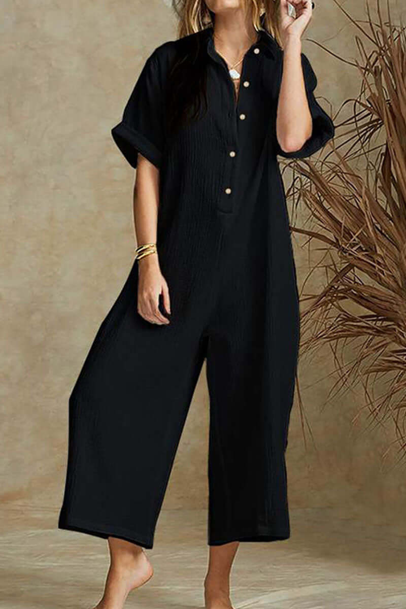 Comfortable women's bamboo hemp jumpsuit, relaxed fit, stylish notch collar, full-length. Perfect for casual elegance.