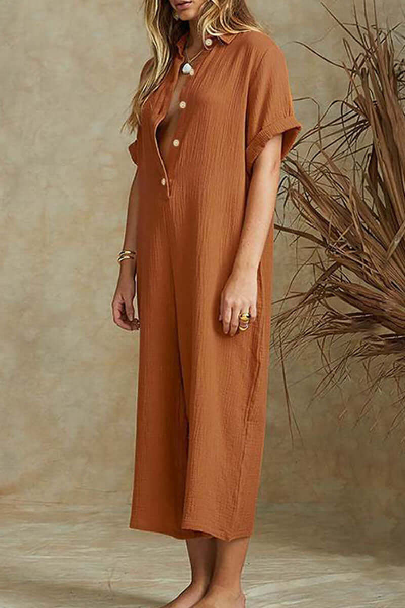 Eco-friendly bamboo hemp women's jumpsuit, relaxed fit, notch collar. Full-length design for ultimate comfort & style.