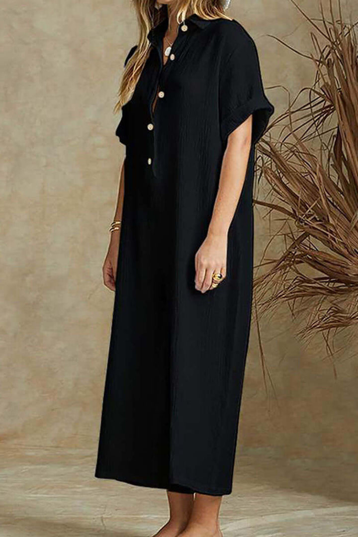 Versatile women's full-length jumpsuit, relaxed fit with elegant notch collar. Casual or dressy eco-friendly fashion.