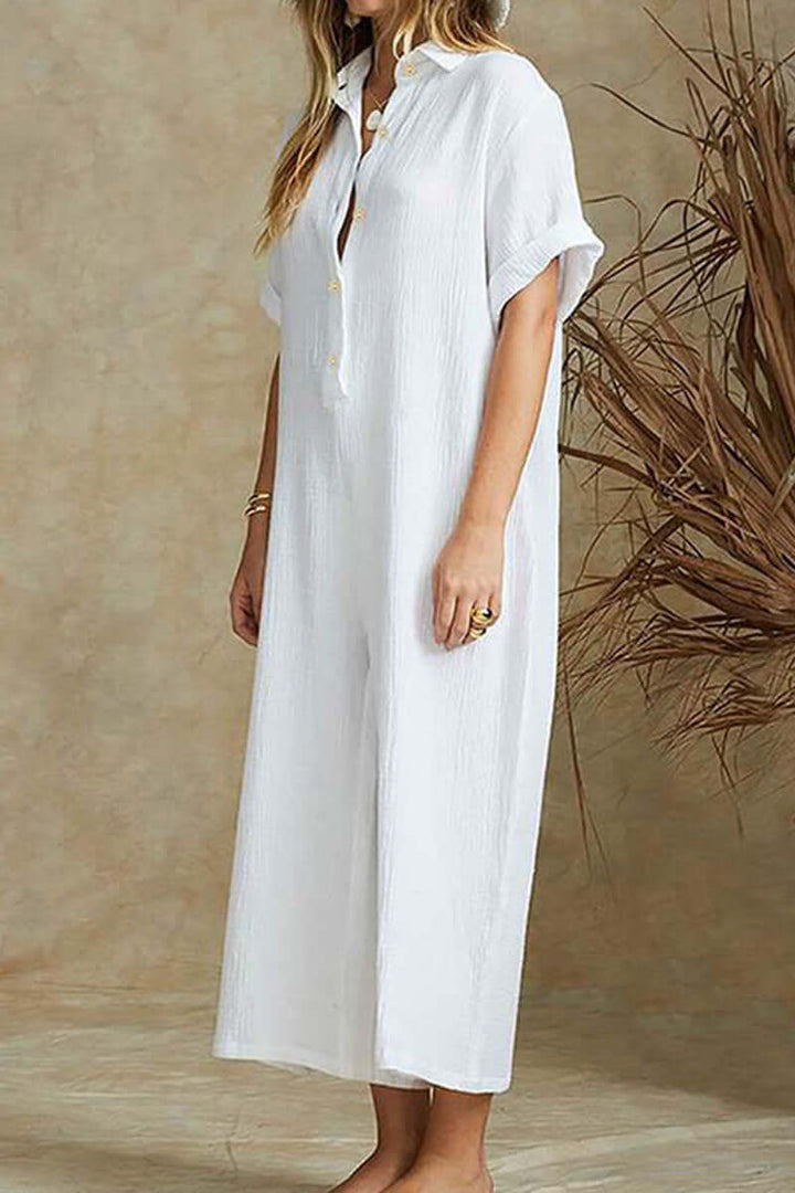 Relaxed fit women's jumpsuit featuring a chic notch collar. Crafted from soft, eco-friendly bamboo hemp for comfort.
