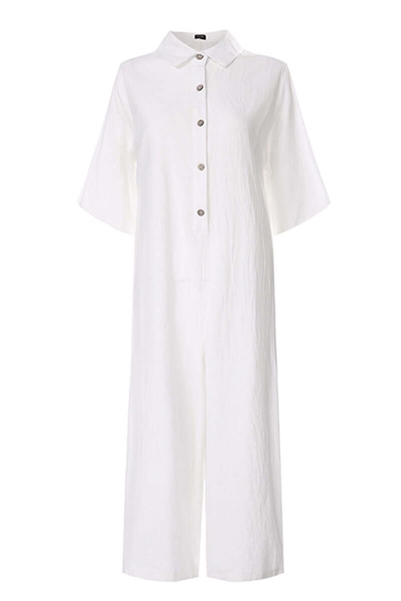Stylish women's full-length jumpsuit, relaxed fit, notch collar. Breathable bamboo hemp for comfortable, versatile wear.