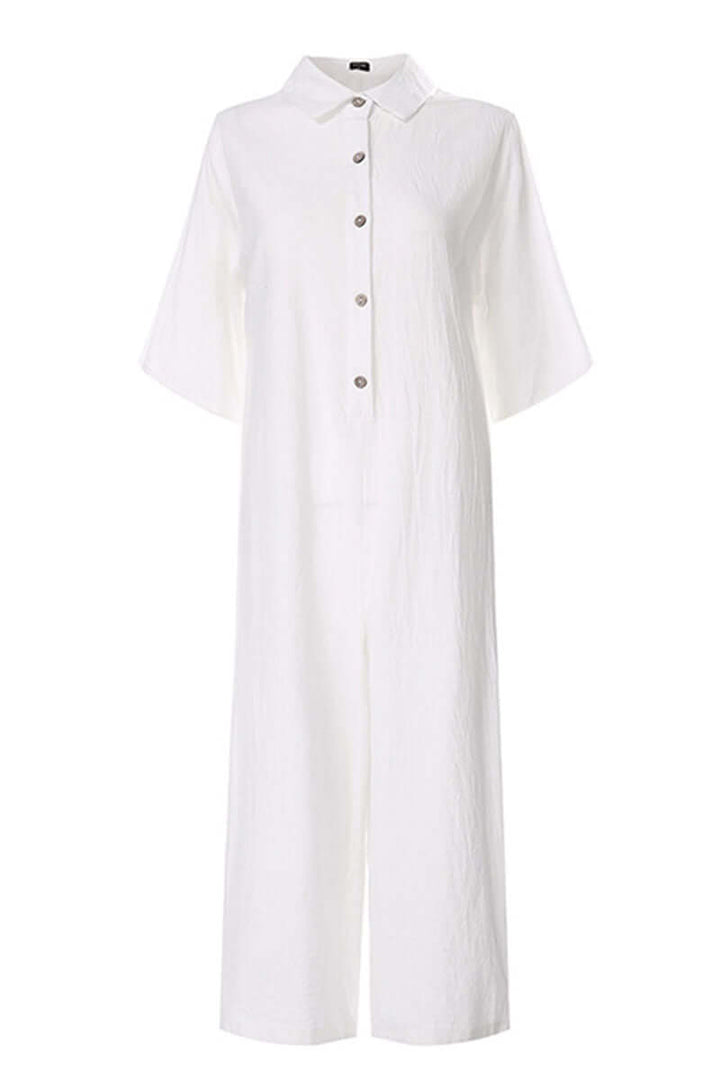 Stylish women's full-length jumpsuit, relaxed fit, notch collar. Breathable bamboo hemp for comfortable, versatile wear.