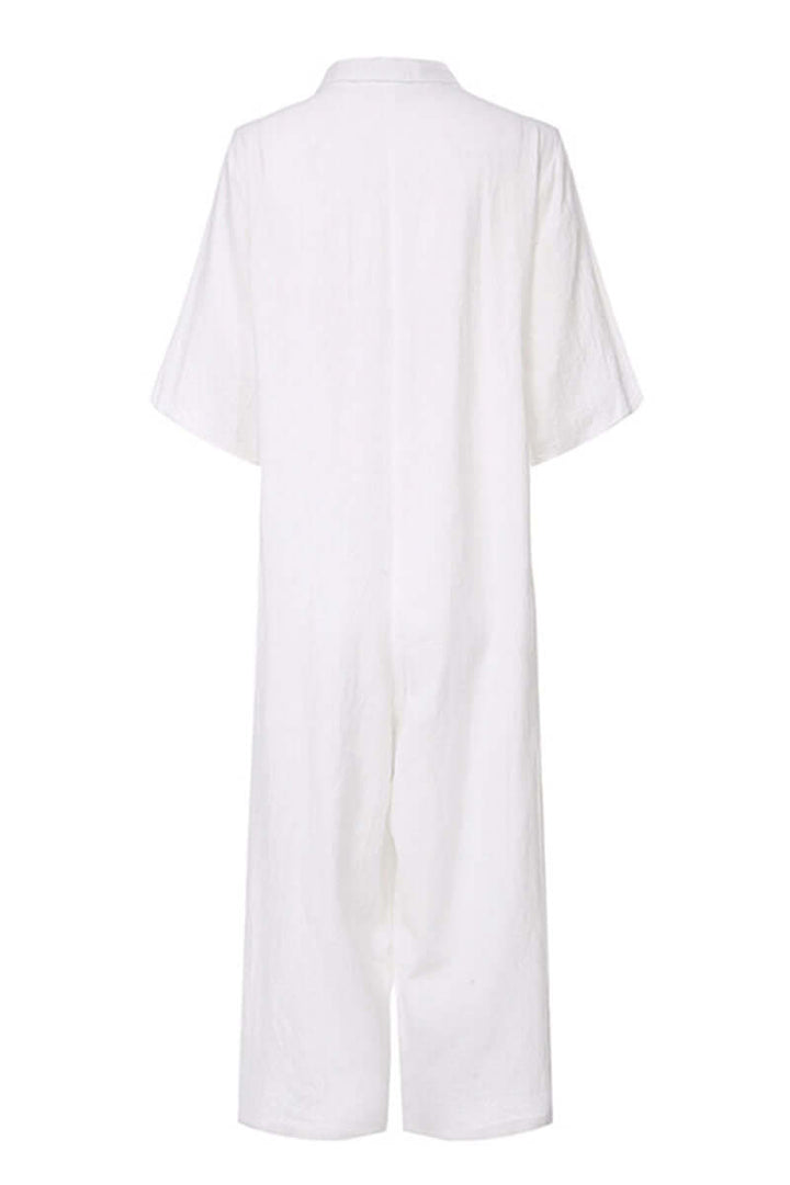 Women's eco-friendly bamboo hemp jumpsuit, relaxed fit, full-length, elegant notch collar. Ideal for comfortable fashion.
