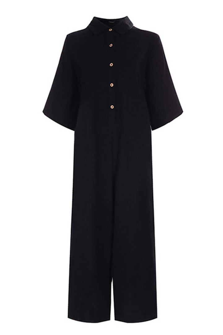 Relaxed notch collar women's jumpsuit, full-length. Comfortable and versatile, made with sustainable bamboo hemp.