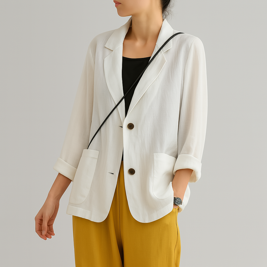 Women's relaxed fit lightweight summer blazer in a versatile shade, perfect for business casual and daytime chic.