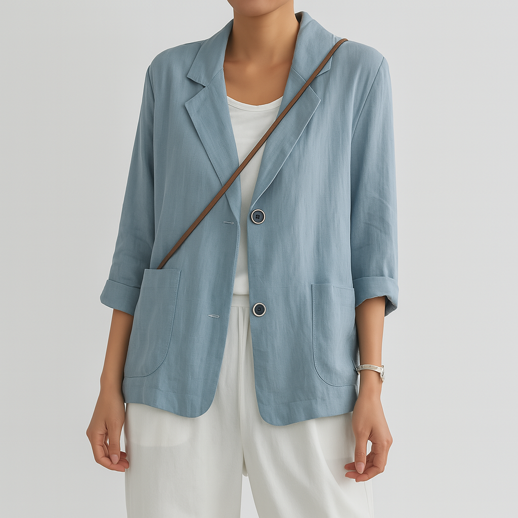 Stylish women's lightweight summer blazer, ideal for warm weather layering and creating a relaxed office wear look.