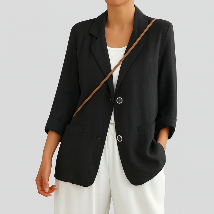 Comfortable women's lightweight summer blazer, a relaxed fit layering piece suitable for office wear and warm weather style.