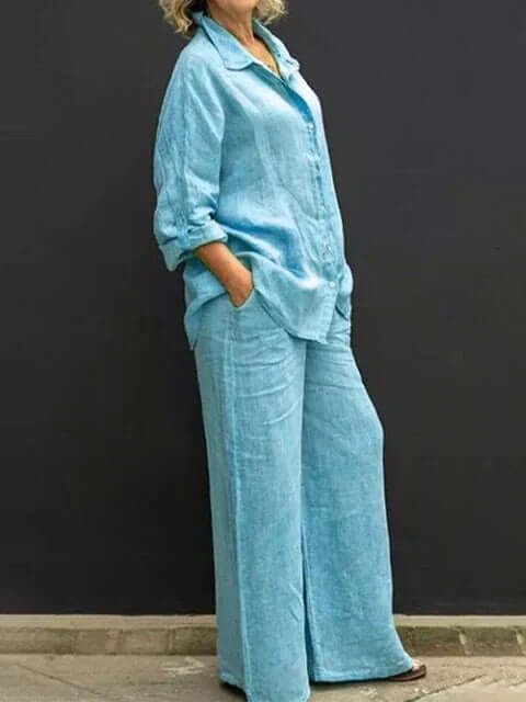 Chic women's linen blend two-piece set: relaxed shirt & wide-leg trousers. Breathable & casual fashion.