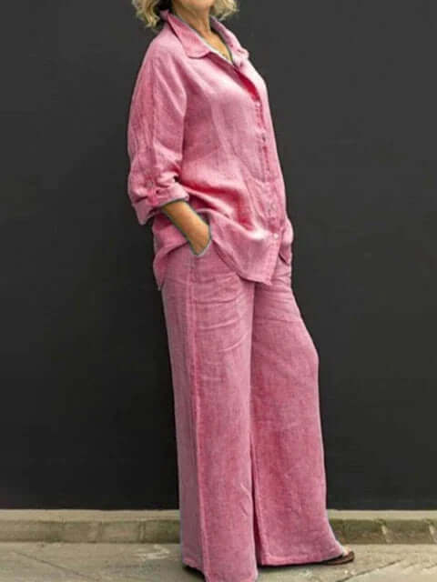 Comfortable women's relaxed fit shirt and wide-leg trousers. Breathable linen blend two-piece set.