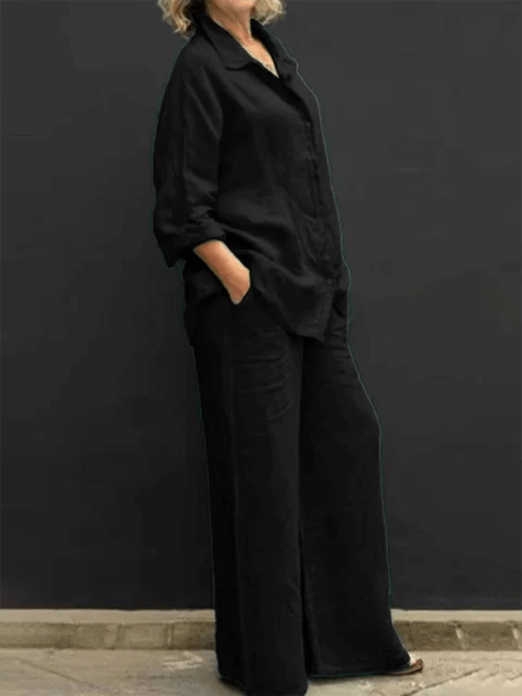 Stylish women's linen blend relaxed shirt & wide-leg trousers. Breathable, comfortable, and chic two-piece set.