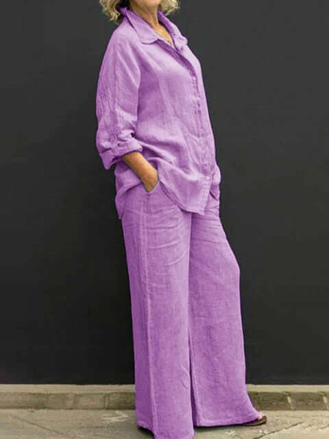 Relaxed fit women's linen blend shirt and wide-leg trousers set. Comfortable, breathable, and chic casual outfit.