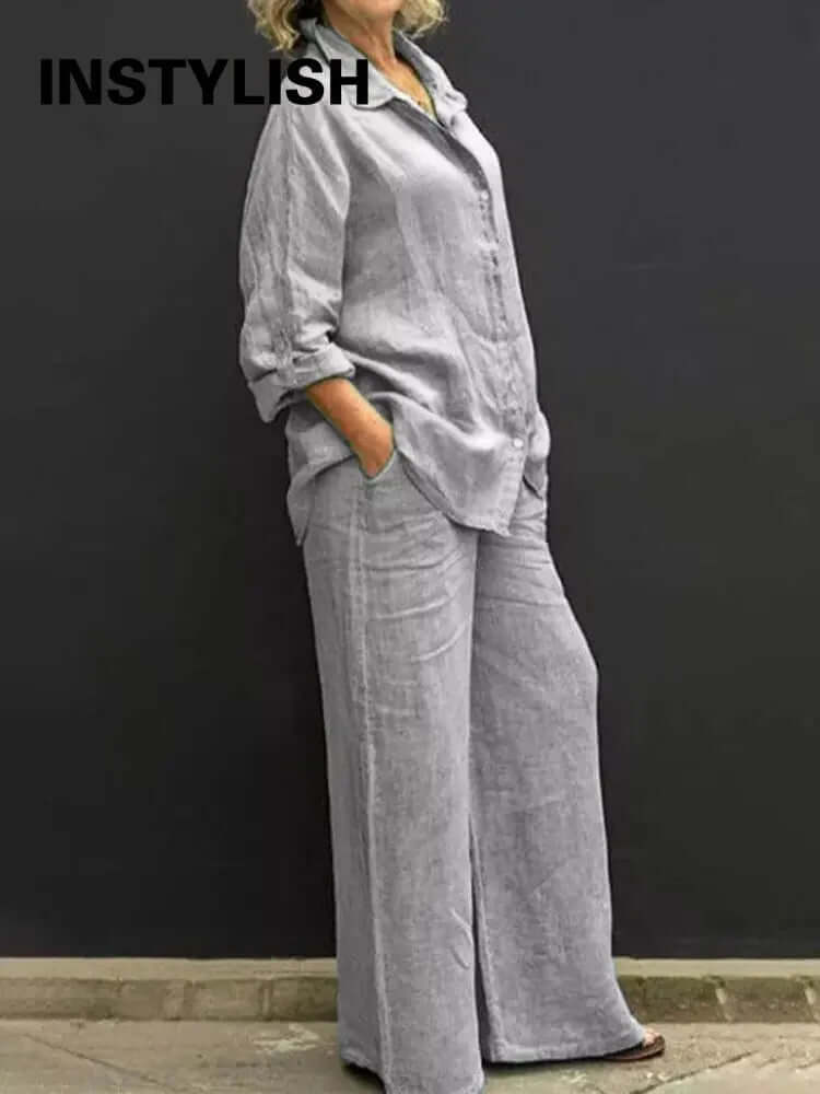 Women's comfortable linen blend relaxed shirt & wide-leg trousers. Chic, breathable two-piece set for fashion.