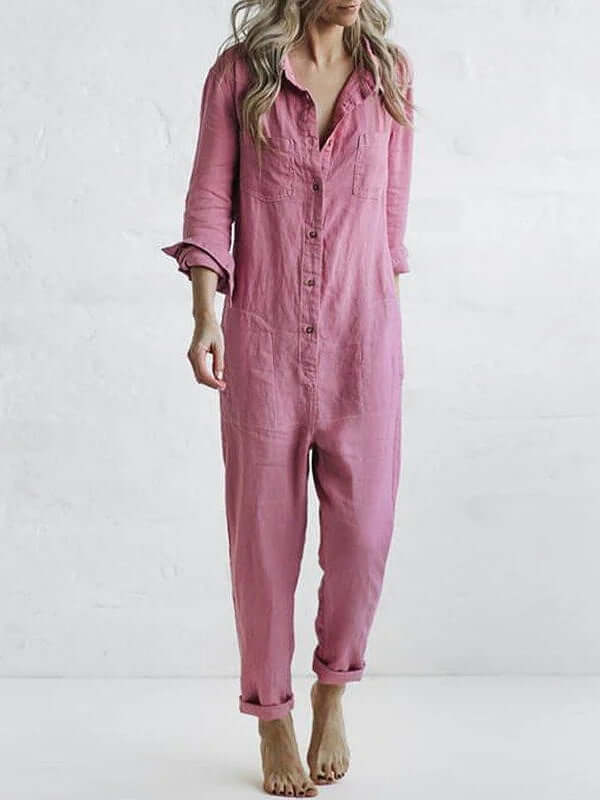 Women's relaxed fit linen jumpsuit with straight leg, button-down front, and long sleeves. Perfect for summer.