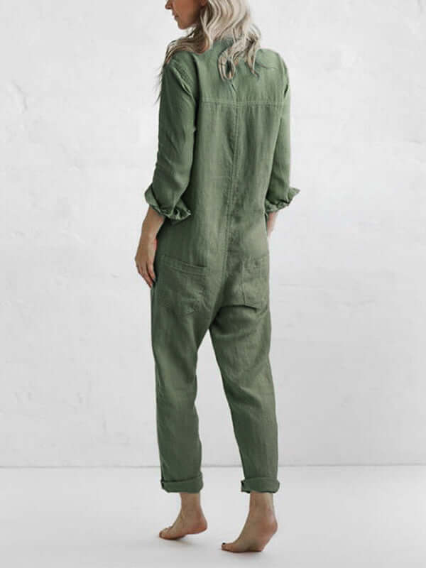 Stylish women's relaxed fit linen jumpsuit featuring a button-down front and flattering straight leg. Casual summer wear.