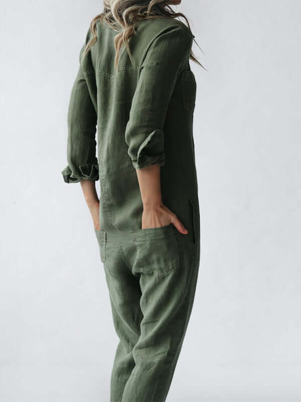 Casual women's linen jumpsuit, relaxed fit, long sleeve, and straight leg. Ideal breathable summer outfit for comfort.