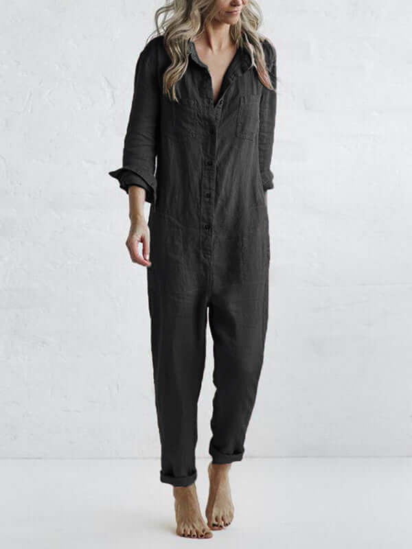 Women's casual relaxed fit linen jumpsuit. Long sleeve, straight leg, and button-down. Perfect breathable summer set.