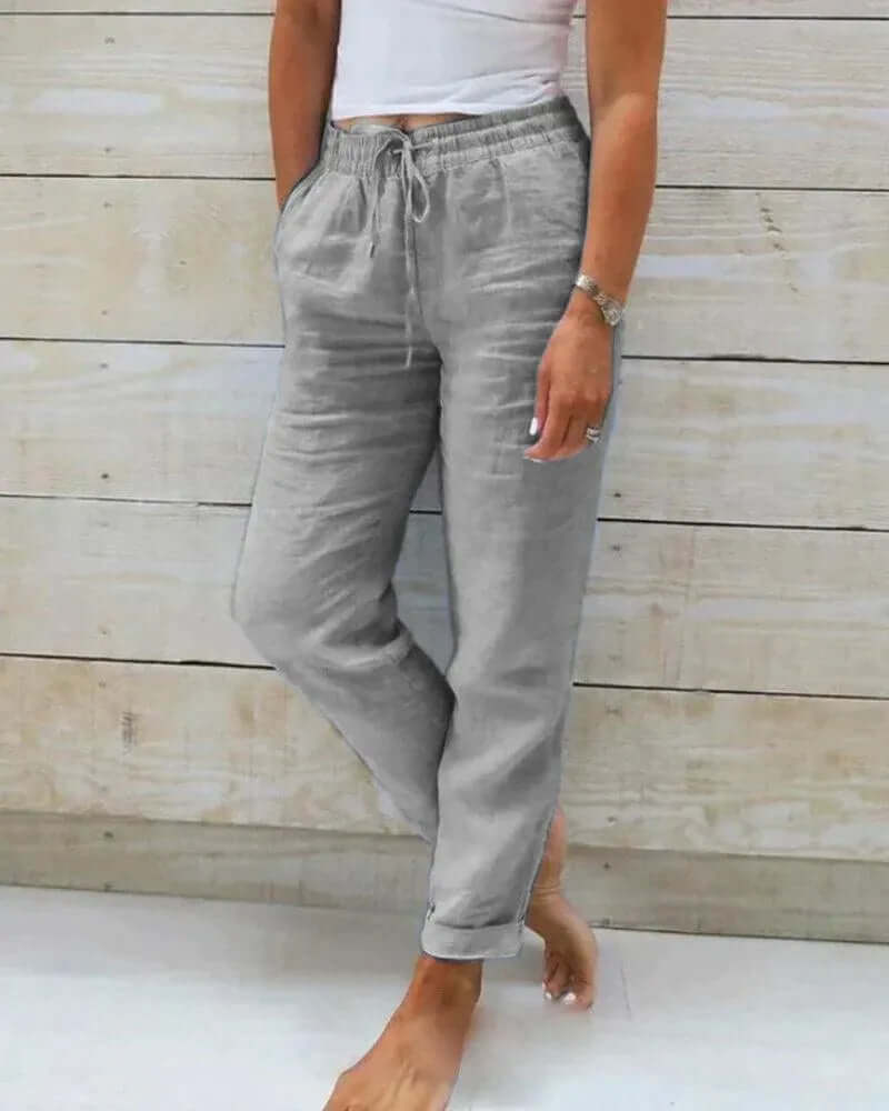 Women's casual linen trousers, relaxed fit with elastic waist for ultimate comfort & chic summer style.