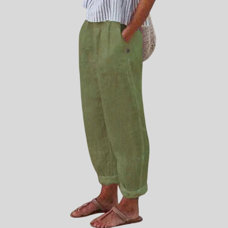 Stylish women's linen pants with a relaxed fit and unique folded hem, perfect for versatile everyday fashion.