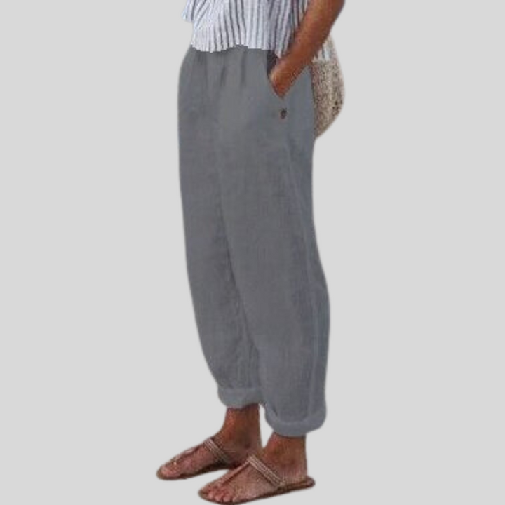 Relaxed fit linen trousers for women, featuring a folded hem, great for casual, breathable summer and spring outfits.