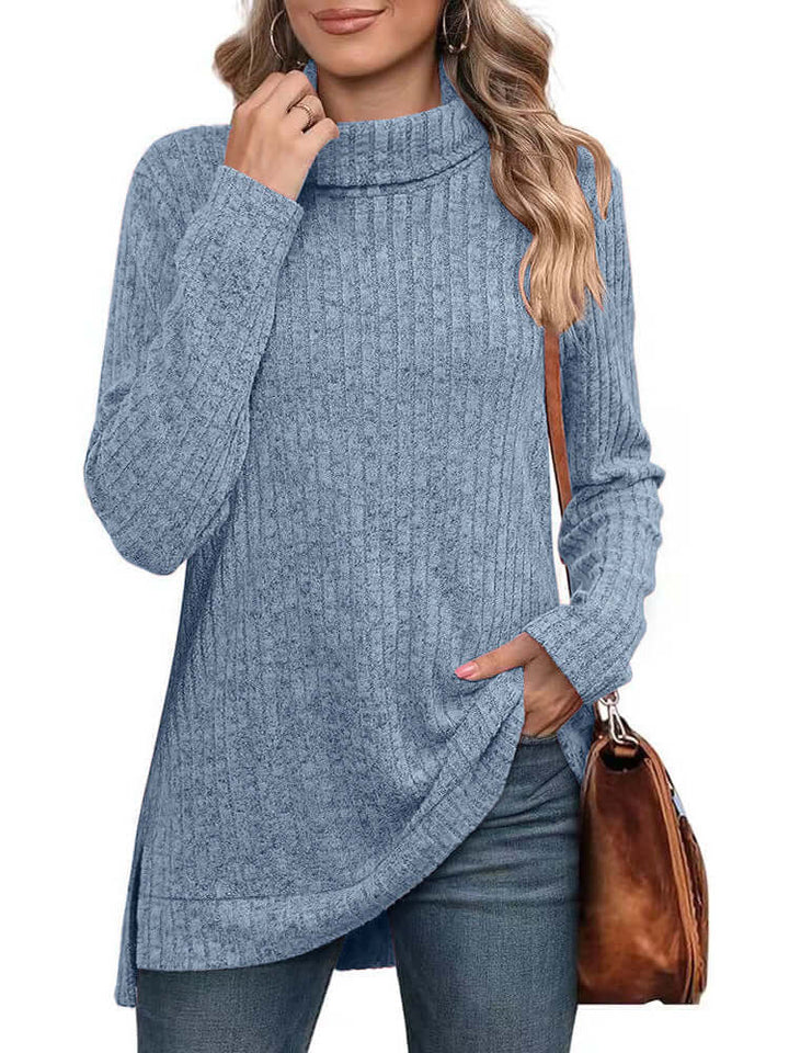 Women's relaxed fit long sleeve knit pullover sweater in soft polyester, perfect for comfortable everyday casual style.
