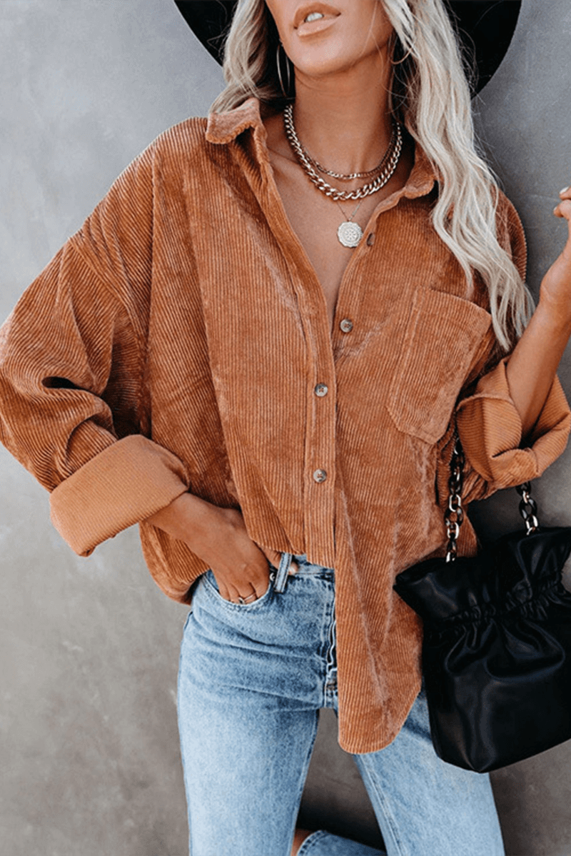 Women's relaxed fit long sleeve shirt with drop shoulders, perfect for casual everyday comfort.