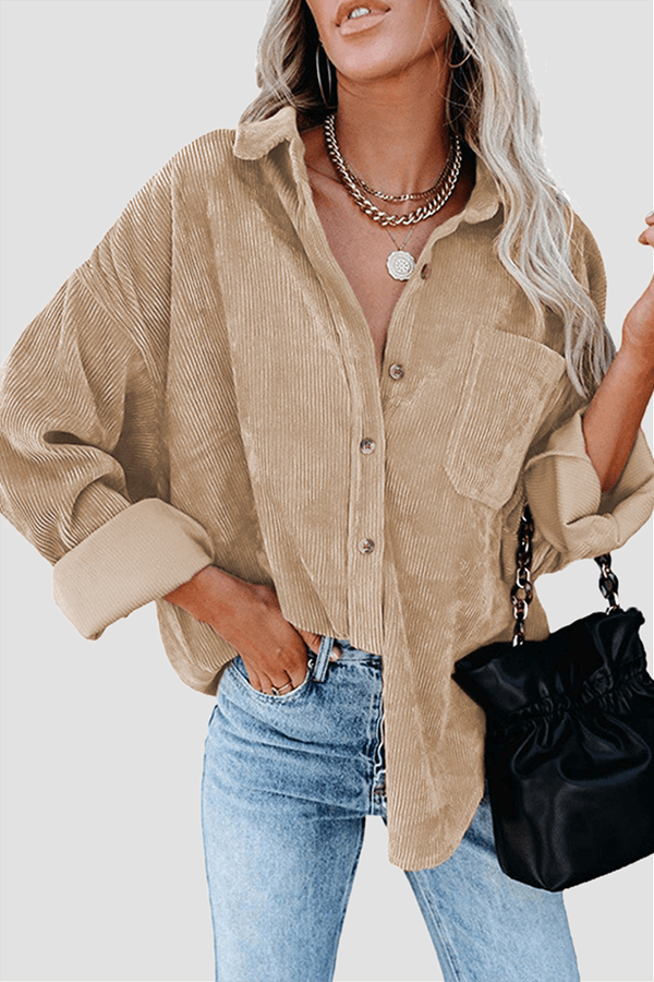 Comfortable women's casual shirt, long sleeve, relaxed drop shoulder, perfect for any day.