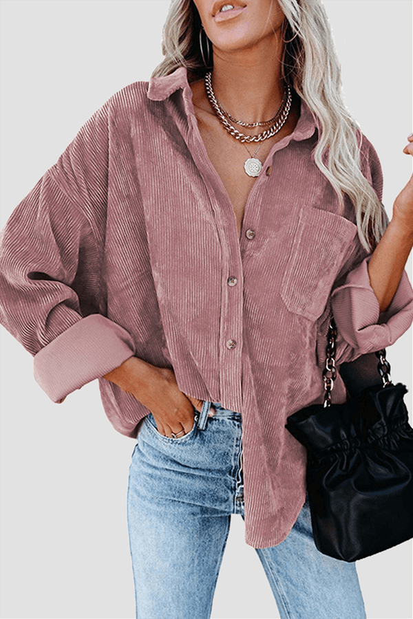 Stylish women's long sleeve comfort shirt, relaxed fit, drop shoulders for modern casual.