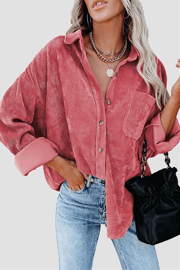 Casual women's comfort shirt, long sleeve, relaxed drop shoulder, great for everyday fashion.