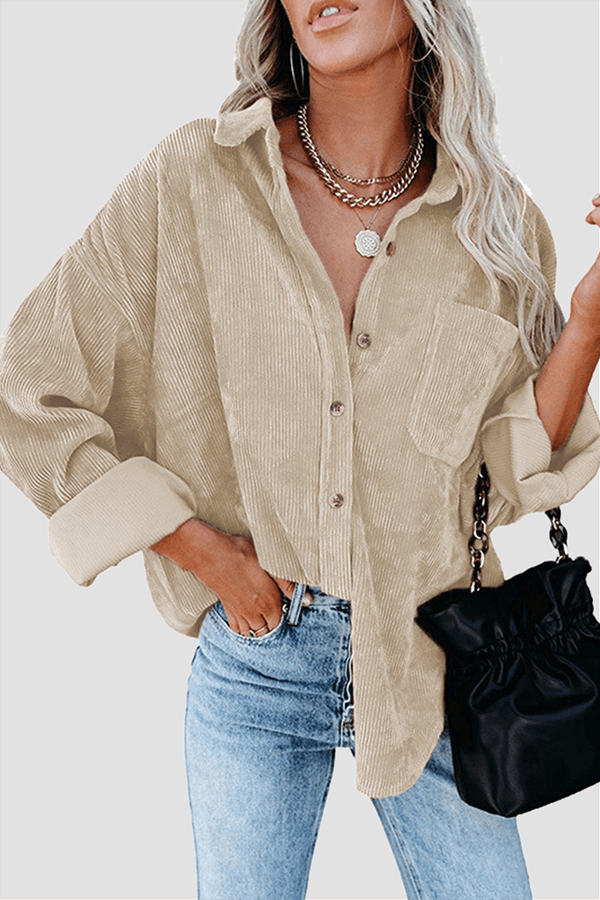 Women's relaxed long sleeve shirt, drop shoulder, perfect for layering during fall & winter.