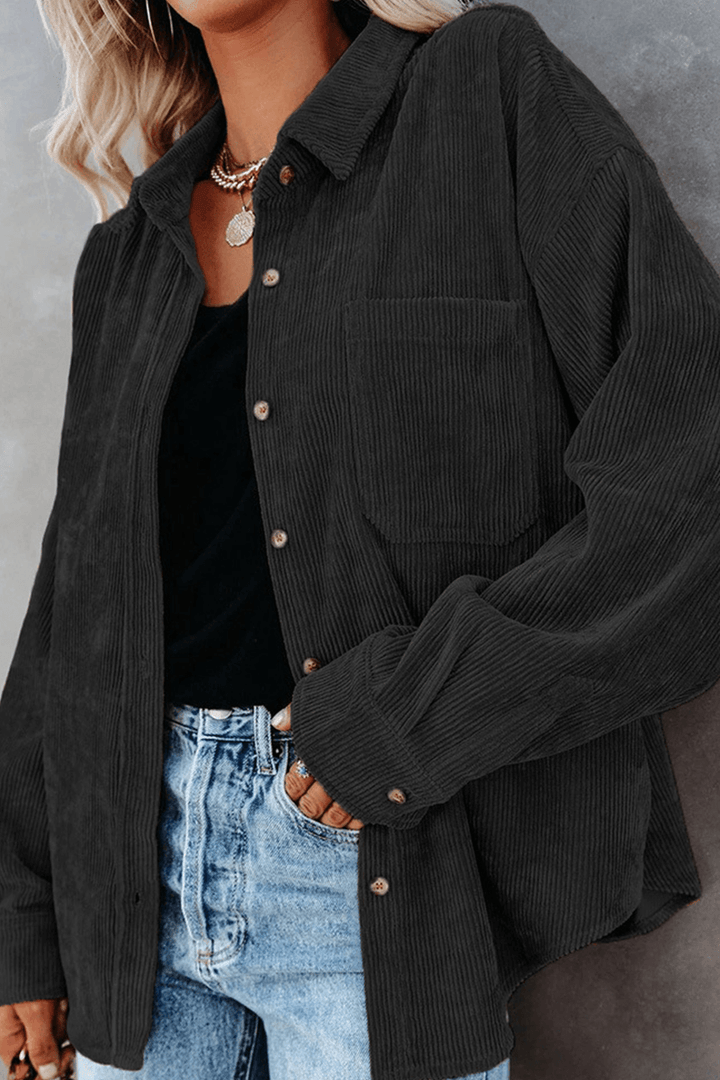 Comfortable women's fall shirt, long sleeve, relaxed drop shoulder, ideal for cozy styling.