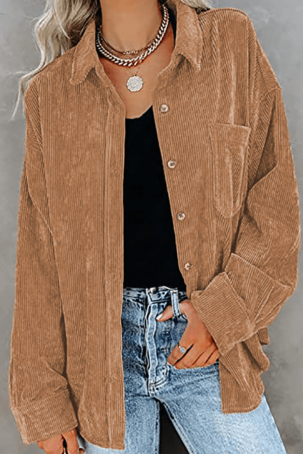 Women's fall/winter long sleeve shirt, relaxed fit, drop shoulder, essential for cozy fashion.