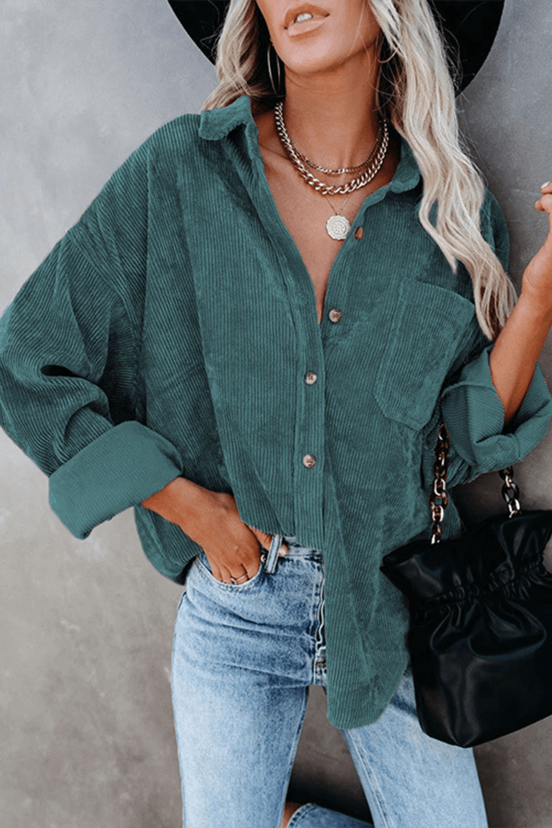 Women's relaxed long sleeve shirt, drop shoulder design, excellent for comfort & style.