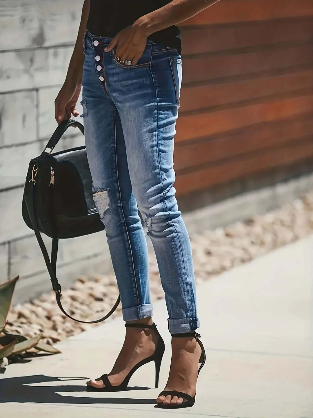 Stylish women's relaxed fit stretch jeans, perfect for comfortable everyday wear denim pants.