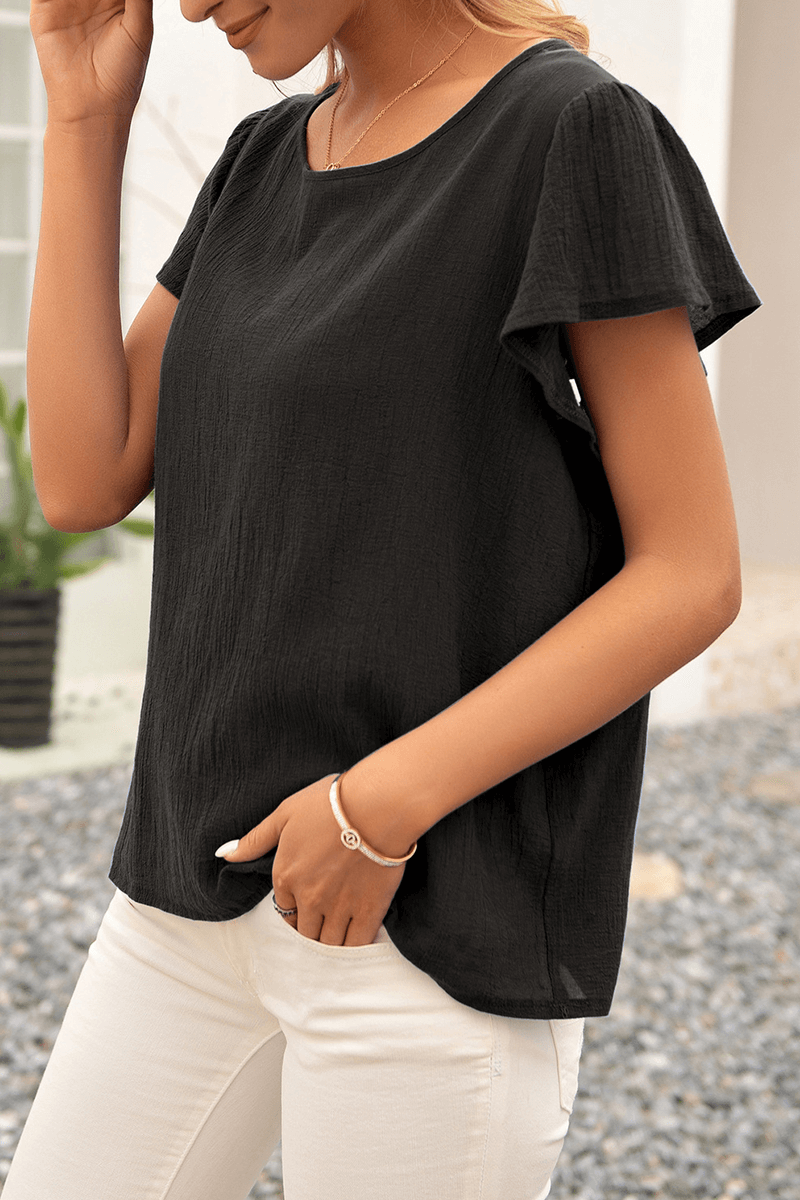 Soft textured crinkle top for women, designed with a relaxed fit & short sleeves, great for comfortable summer apparel.