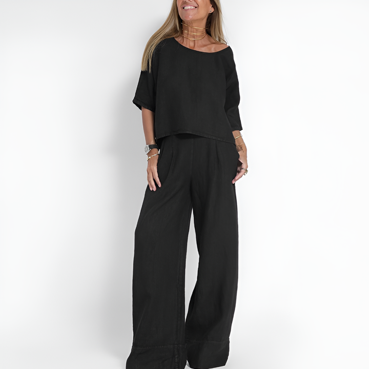 Breathable polyester-spandex women's two-piece set, perfect for summer lounge wear or vacation outfit.
