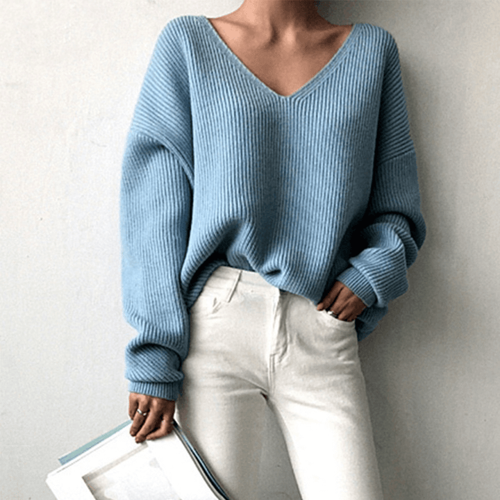 Women's relaxed fit V-neck sweater, cozy knit for casual everyday wear.