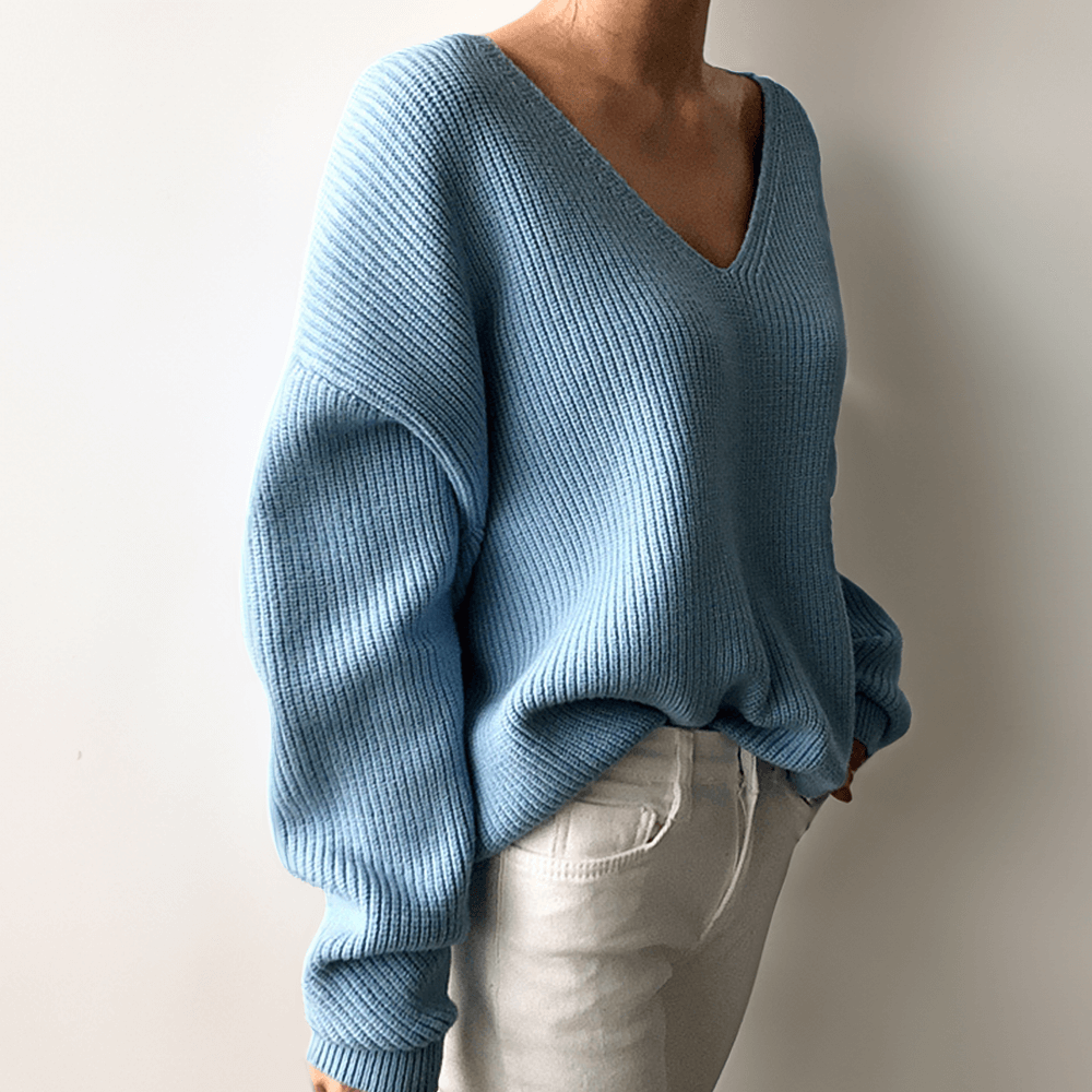 Stylish women's long sleeve V-neck sweater in a comfortable relaxed fit.