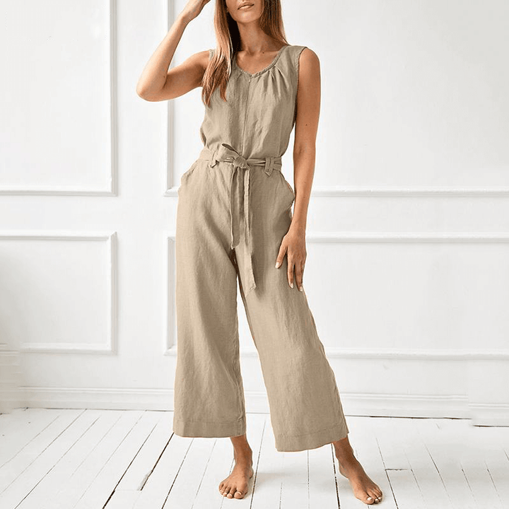 Women's relaxed fit wide-leg jumpsuit in soft fabric, perfect for comfortable casual wear. Elegant one-piece.