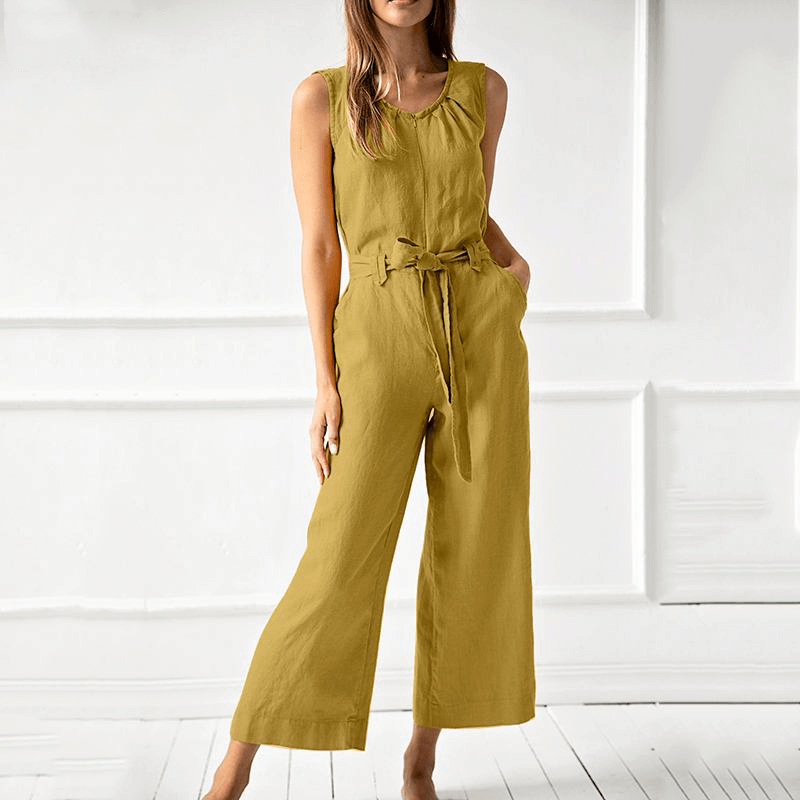 Close-up of the elegant women's wide-leg jumpsuit fabric, showing relaxed fit and comfortable design.