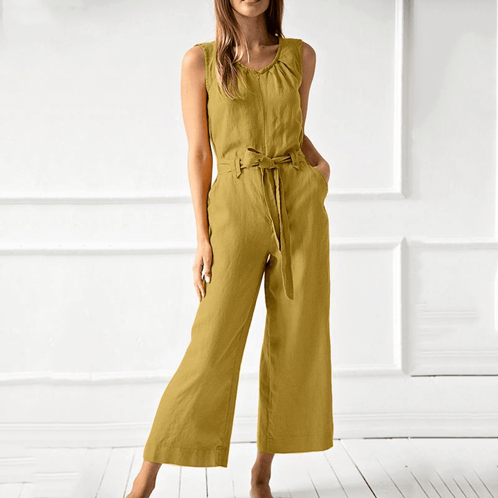 Close-up of the elegant women's wide-leg jumpsuit fabric, showing relaxed fit and comfortable design.
